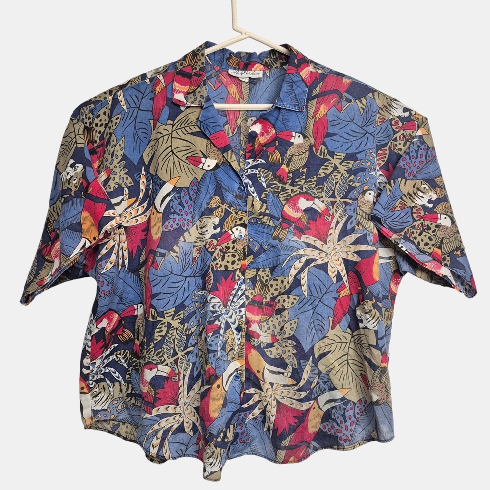 Vintage Lady Carbou Womens 44 Button Up Shirt Short Sleeve Tropical Rainforest‎